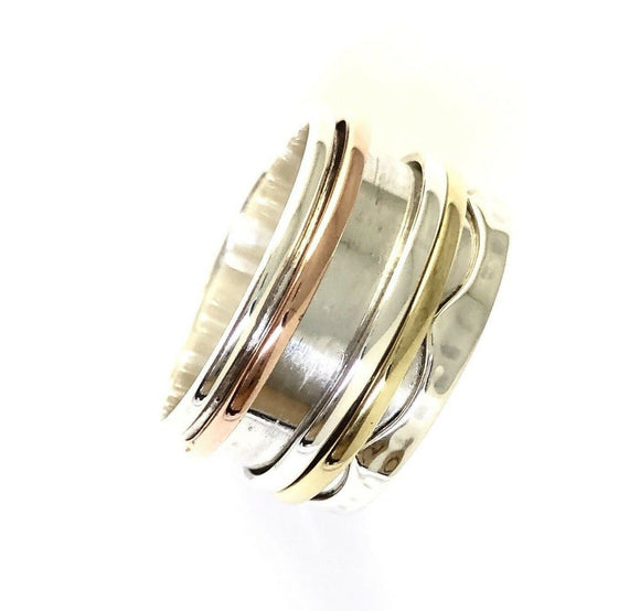 Tricolor Hand Hammered Sterling Silver Copper Brass 3 Band Spin Ring Size 10 R81