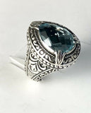 Sterling Silver 925 Pear Blue Cushion Topaz Filigree Size 8 Ring Bali Jewelry