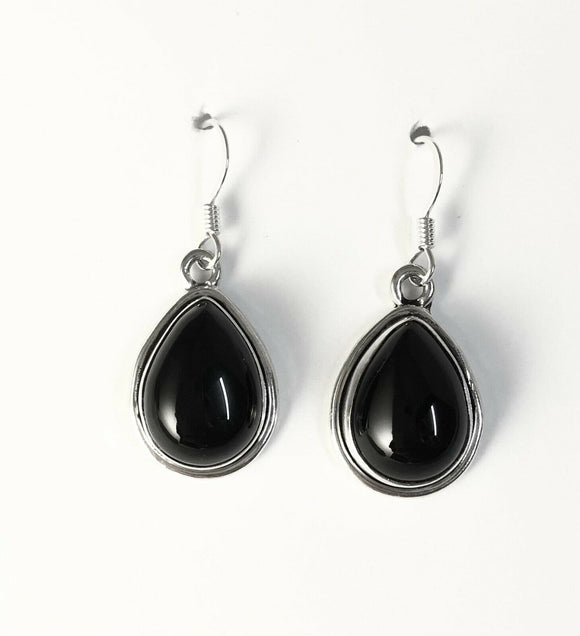 Sterling Silver 925 Pear Shaped Cabochon Black Onyx Dangle Earrings Jewelry