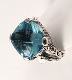 Sterling Silver Solid 925 Square Blue Topaz Filigree Size 7 Ring Jewelry R041802