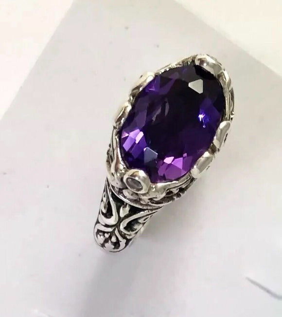 Sterling Silver 925 Oval Amethyst Filigree Size 8 Ring Bali Jewelry R032504
