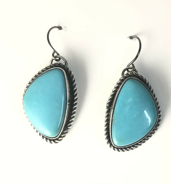 Native American Sterling Silver Navajo Indian Kingman Turquoise Dangle Earrings.