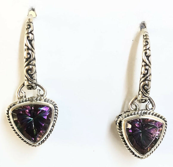Sterling Silver 925 Triangular Faceted Mystic Topaz Dangle Earrings Bali Jewelry