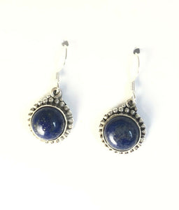 Sterling Silver 925 Round Cabochon Lapis Dangle Beaded Earrings On Hooks Jewelry