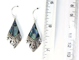 925 Sterling Silver Abalone Shell Angular Filigree Dangle Earrings Bali Jewelry