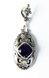 Sterling Silver 925 Square Amethyst Filigree Reversible Pendant. Bali Jewelry