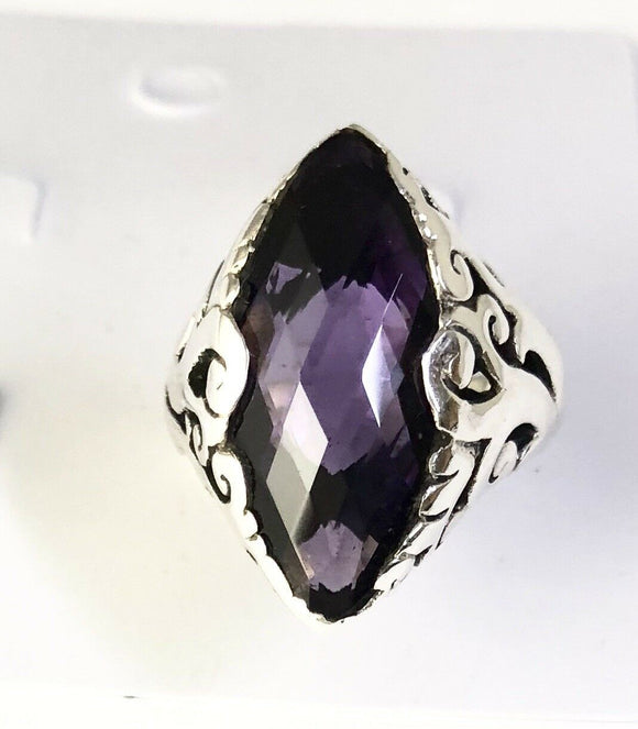 Sterling Silver 925 Marquise Cushion Amethyst Filigree Ring Size 7 Bali Jewelry