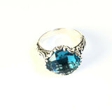 Sterling Silver 925 Square Cushion Blue Topaz Filigree Size 8 Ring Bali Jewelry