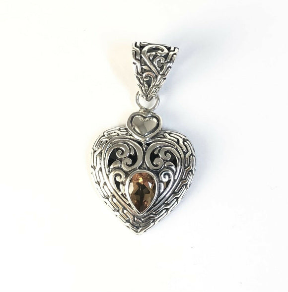 Sterling Silver 925 Pear Shaped Citrine Filigree Heart Pendant Bali Jewelry