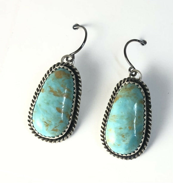 Native American Sterling Silver Navajo Indian Kingman Turquoise Dangle Earrings.