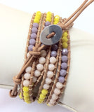 Leather Wrap Bracelet With Yellow & Purple Crystal.