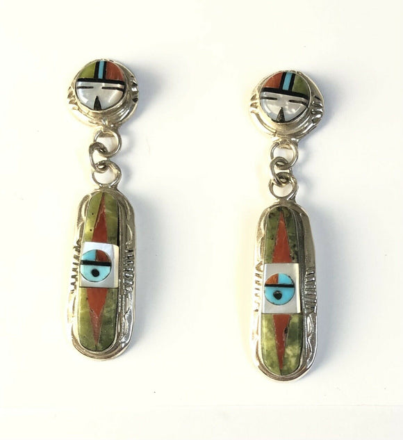 Native American Sterling Silver Zuni Indian Inlay Coral & Turquoise Earrings.