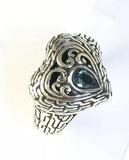 Sterling Silver 925 Pear Blue Topaz Filigree Size 8 Heart Ring Bali Jewelry