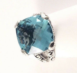 Sterling Silver Solid 925 Square Blue Topaz Filigree Size 7 Ring Jewelry R041802