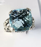 Sterling Silver Solid 925 Square Blue Topaz Filigree Size 8 Ring Jewelry R011101