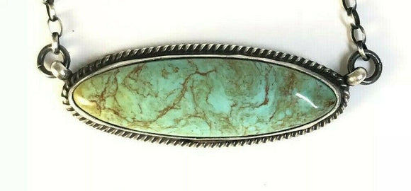 Native American Sterling Silver Navajo Kingman Turquoise Bar Necklace. Signed