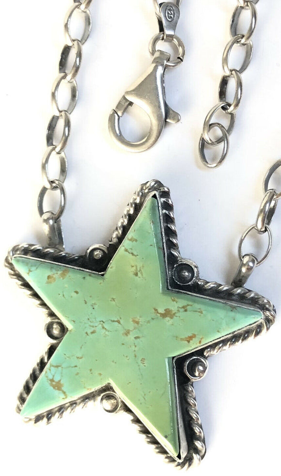 Native American Sterling Silver Navajo Kingman  Turquoise Star Bar Necklace.