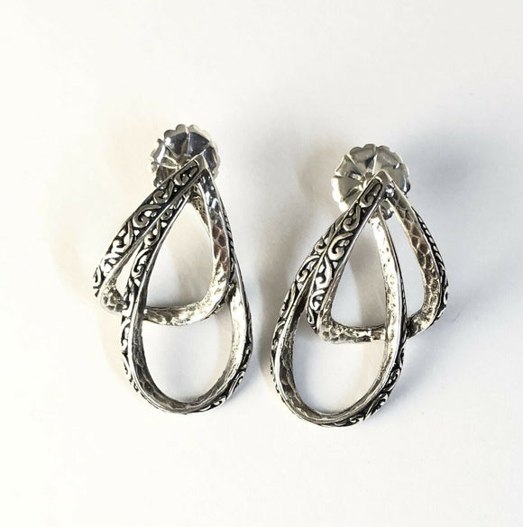 Sterling Silver 925 Double Hoop Pear Shaped Dangle Post Earrings Bali Jewelry
