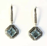 Sterling Silver 925 Filigree Square Blue Topaz Dangle Earrings Bali Jewelry