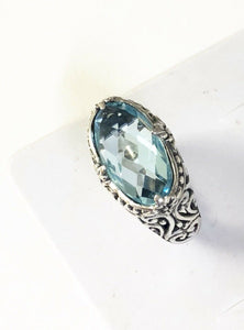 Sterling Silver 925 Oval Cushion Blue Topaz Filigree Size 6 Ring Bali Jewelry