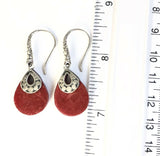 Sterling Silver 925 Pear Shaped Sponge Coral Circles Design Dangle Hook Earrings