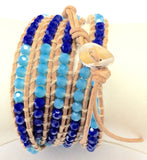 Light Brown Leather Wrap Bracelet With Dark Blue And Light Blue Color Crystal.