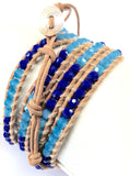 Light Brown Leather Wrap Bracelet With Dark Blue And Light Blue Color Crystal.