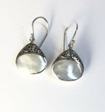 Sterling Silver 925 White Mother Of Pearl Filigree Dangle Earrings Bali Jewelry