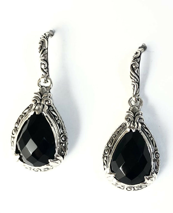 Sterling Silver 925 Filigree Pear Shaped Onyx Dangle Earrings Bali Jewelry