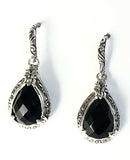 Sterling Silver 925 Filigree Pear Shaped Onyx Dangle Earrings Bali Jewelry