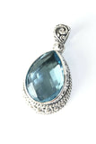 Sterling Silver 925 Heart Faceted Pear Blue Topaz Filigree Pendant Bali Jewelry