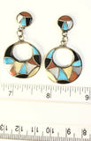Native American Sterling Silver Zuni Indian Inlay Coral Turquoise Hoop Earrings