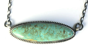 Native American Sterling Silver Navajo Kingman Turquoise Bar Necklace. Signed