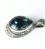Sterling Silver 925 Heart Faceted Pear Blue Topaz Filigree Pendant Bali Jewelry