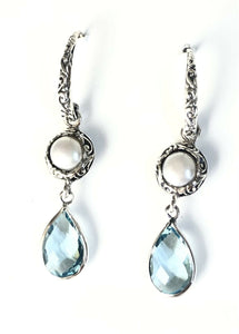 Sterling Silver 925 Filigree Pear Blue Topaz Dangle Earrings Bali Jewelry