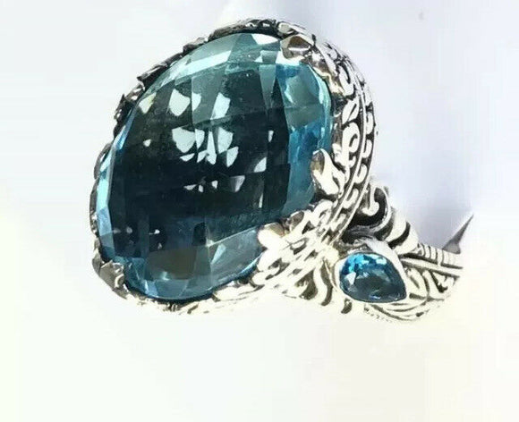 Sterling Silver 925 Oval Blue Topaz Filigree Ring Size 9 Bali Jewelry R011207