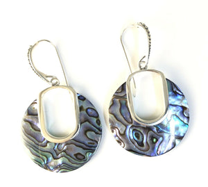 Sterling Silver 925 Round Abalone Shell Hoop Dangle Hook Earrings Bali Jewelry