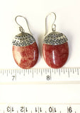 Sterling Silver 925 Swirl & Bead Oval Sponge Coral Dangle Earrings.
