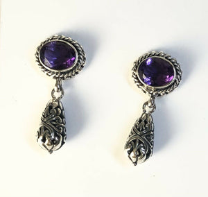 Sterling Silver 925 Oval Amethyst Filigree Dangle Earrings On Post Bali Jewelry