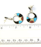 Native American Sterling Silver Zuni Inlay Coral Turquoise Hoop Dangle Earrings