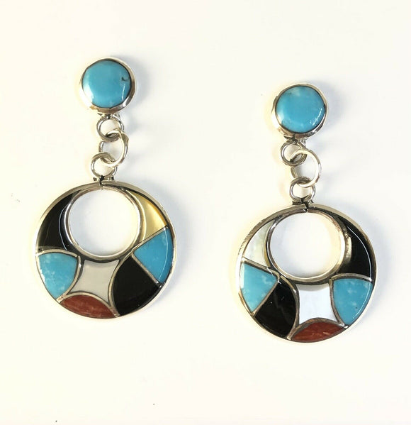 Native American Sterling Silver Zuni Indian Inlay Coral Turquoise Hoop Earrings