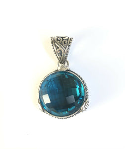 Sterling Silver 925 Round Blue Topaz Reversible Filigree Pendant Bali Jewelry