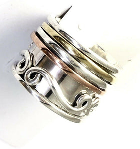 Tricolor Handmade Swirl Sterling Silver Copper Brass 3 Band Spin Ring Size 8 R54