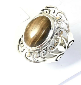 Sterling Silver Filigree Oval Shaped Tiger Eye Ring. Size 8