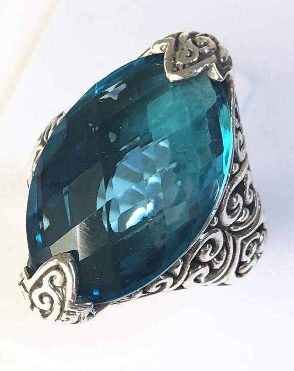 Sterling Silver 925 Marquise Blue Topaz Filigree Size 9 Ring Bali Jewelry