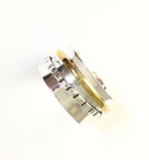 Two Tone Hand Hammered Sterling Silver And Brass 2 Band Spin Ring Size 6 R82