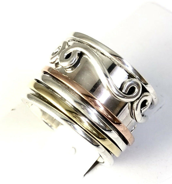 Tricolor Handmade Swirl Sterling Silver Copper Brass 3 Band Spin Ring Size 7 R41