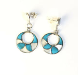 Native American Sterling Silver Zuni Inlay Mother Of Pearl & Turquoise Earrings