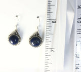 Sterling Silver 925 Round Cabochon Lapis Dangle Beaded Earrings On Hooks Jewelry