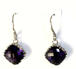 Sterling Silver 925 Square Cushion Amethyst Filigree Earrings Bali Jewelry